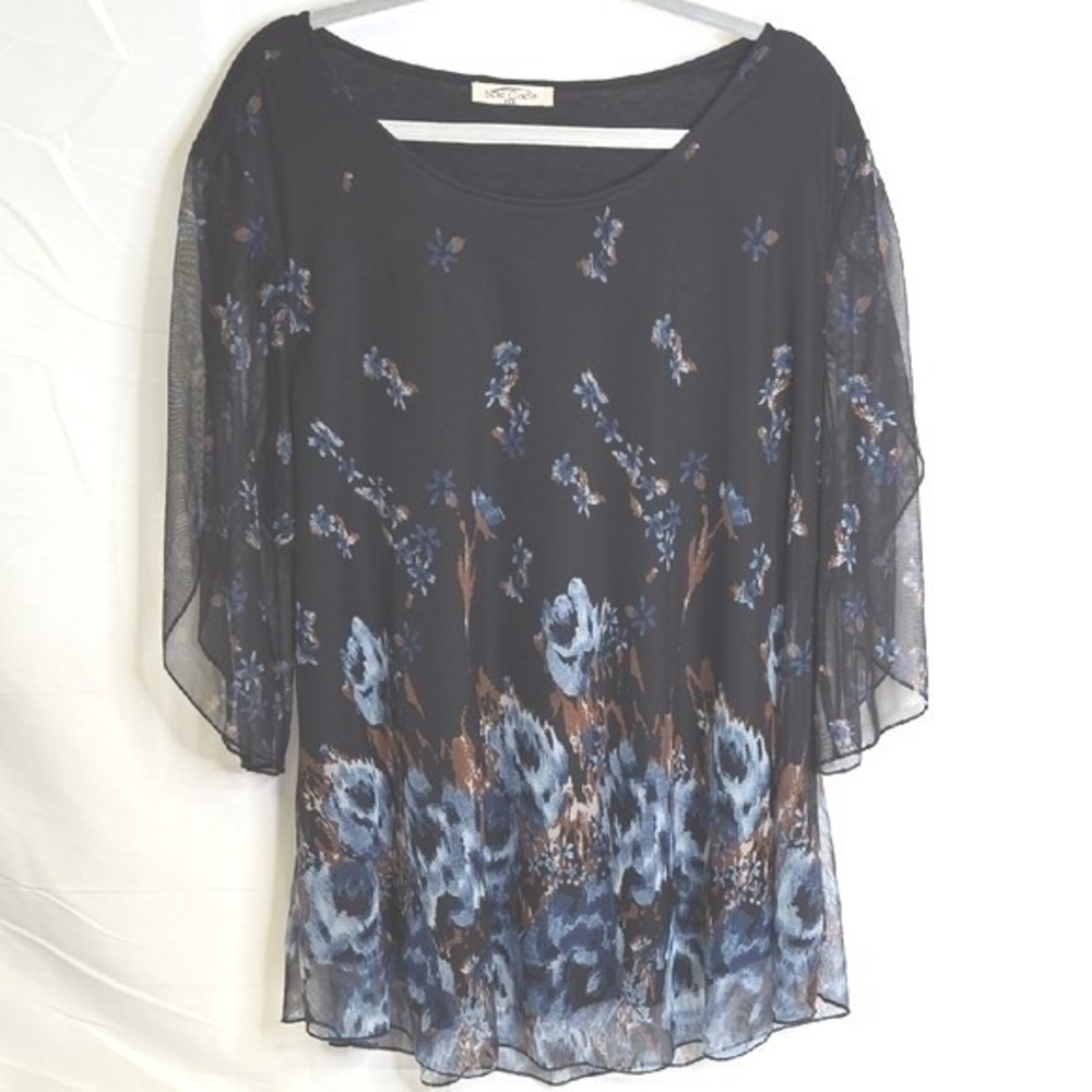 Sese Code Flowy Blouse, Fairy Boho Ethereal, Floral Pattern, Black Blue,‎ 3XL